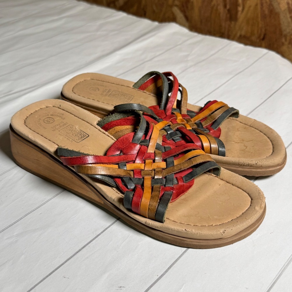 VTG Faded Glory Colorful Leather Strappy Sandals Slip On Summer‎ Boho Shoes 8.5